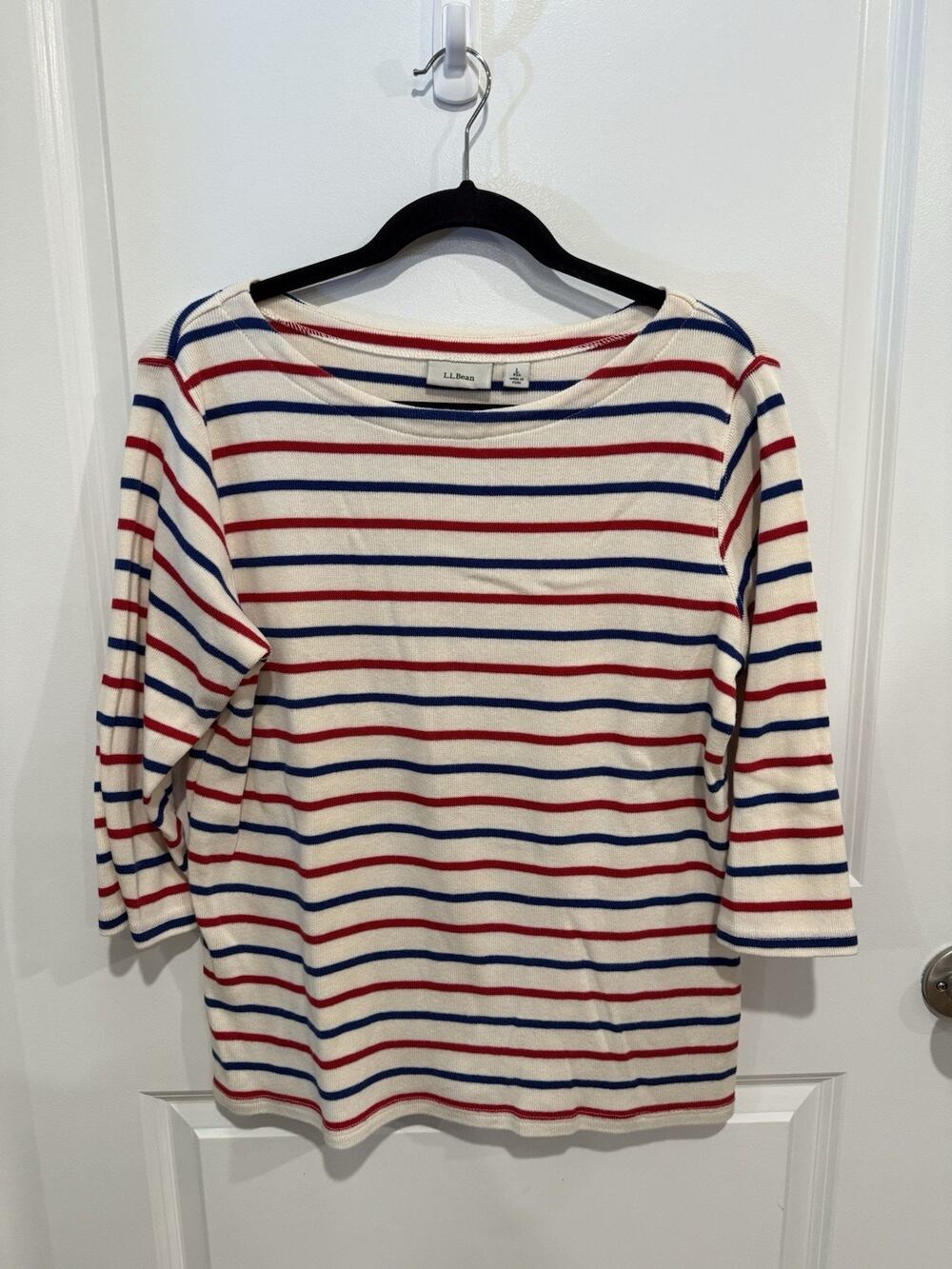 Women’s LL Bean Boatneck Shirt Preppy Cream, Red & navy Stripes 3/4 Sleeves Sz L